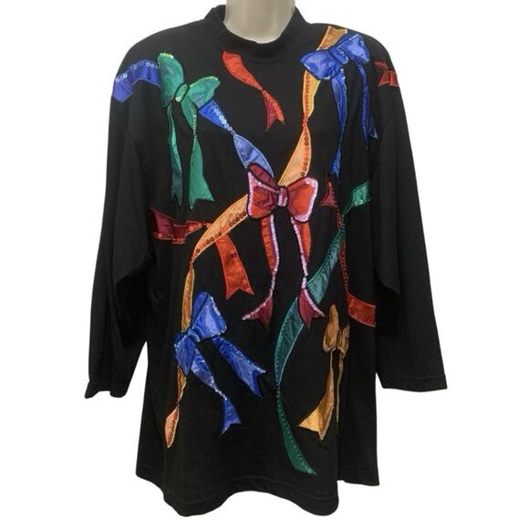 Vtg Venezia Vitale Sequin Bow Tunic Top Black Festive Holiday Christmas 80s 90s - Picture 1 of 12